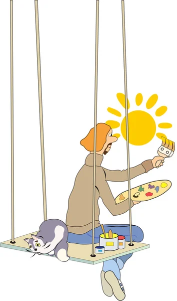 Kunstenaar schildert met een brede kwast de zon zitten op de balken met een kat — Stockvector