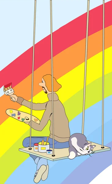Umělec maluje široký kartáč rainbow sedí na krokve s kočkou — Stockový vektor