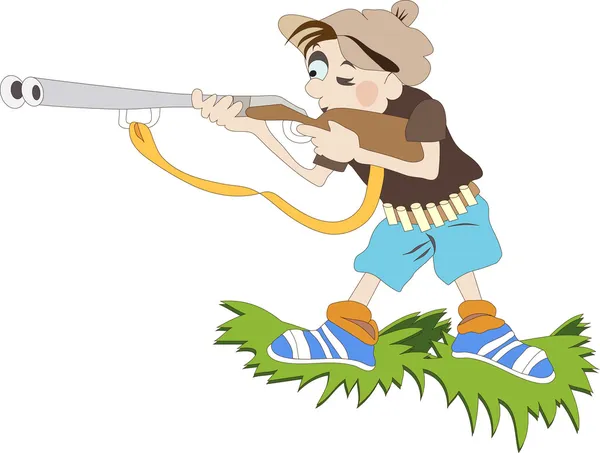 Boy with the gun stands on the edge of the meadow — Stock Vector