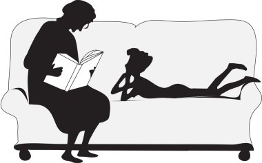 My grandmother was sitting on the couch reading a book grandson lying on the sofa next clipart