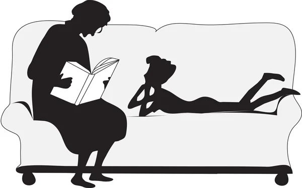 Meine Großmutter saß auf der Couch und las einen Buch-Enkel, der neben mir auf dem Sofa lag — Stockvektor