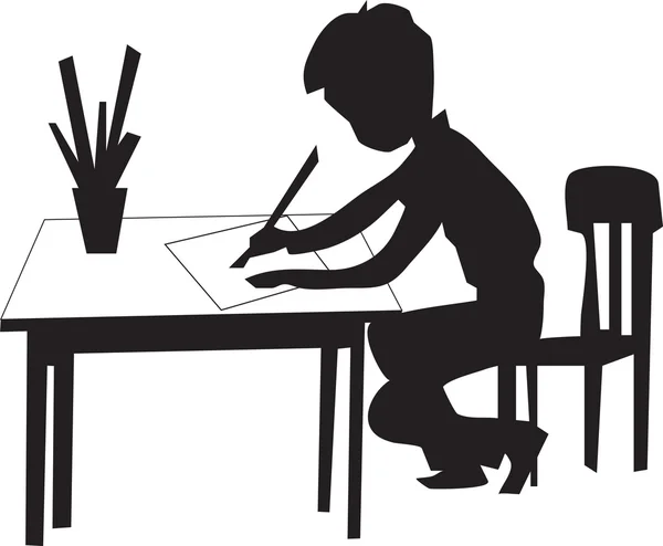 Junge sitzt auf dem Stuhl am Tisch und zeichnet auf ein Blatt Papier — Stockvektor
