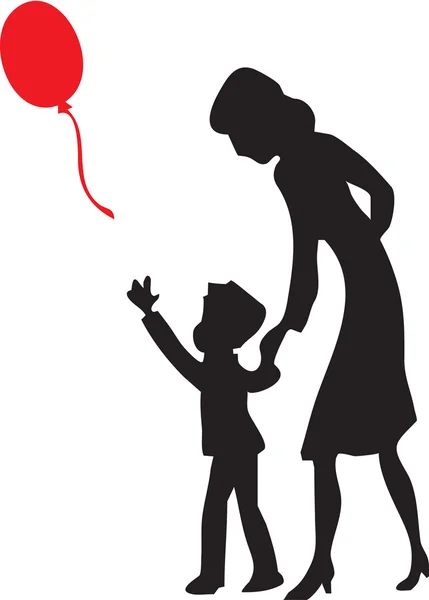 Мати і син випущені в небо червона гелева куля — стоковий вектор