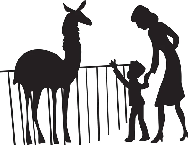Mutter und Sohn spazieren durch den Zoo und betrachten die Tiere — Stockvektor