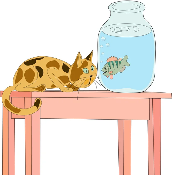 Gato está sentado en la mesa y mirando a través de la pared de vidrio de los bancos con agua flotando en ella cruciana — Vector de stock