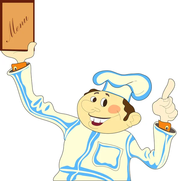 Кук держит в правой руке меню ресторана, великодушно улыбаясь — стоковый вектор
