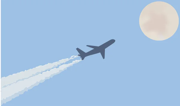 L'aereo vola sul cielo azzurro fino alla luna lasciando una lunga scia bianca — Vettoriale Stock