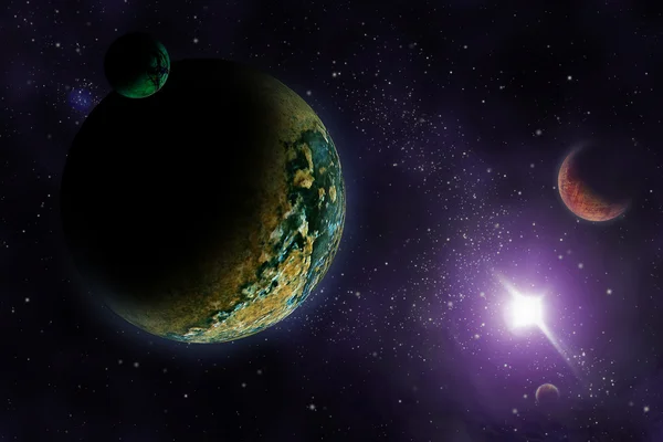 Planeten in de diepe donkere ruimte. abstracte illustratie van universum. — Stockfoto