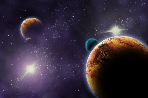Planeten im tiefen, dunklen Raum. abstrakte Abbildung des Universums. — Stockfoto