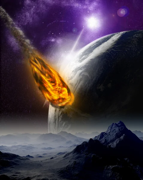 Ataque del asteroide en el planeta en el universo. Resumen i —  Fotos de Stock