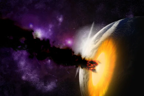 Attack of the asteroid on the planet in the universe. Abstract i — Stock Photo, Image