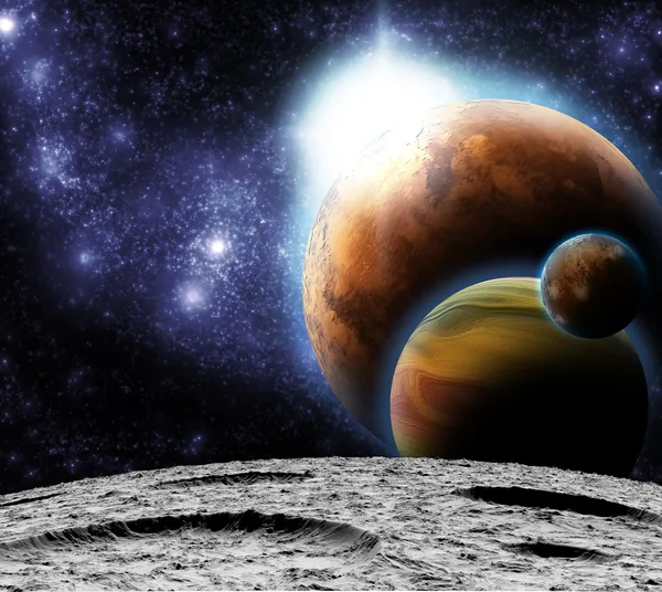 Widok z uniwersum od powierzchni Księżyca. Streszczenie illustrat — Zdjęcie stockowe