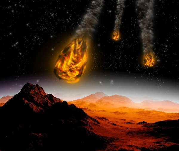 Атака астероїда на планету у Всесвіті. Анотація i — стокове фото