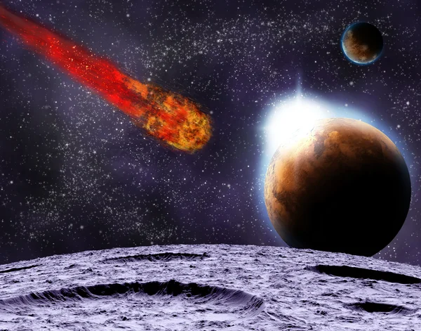 Атака астероїда на планету у Всесвіті. Анотація i — стокове фото