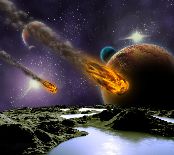 Attacco dell'asteroide sul pianeta nell'universo. Riassunto i — Foto Stock