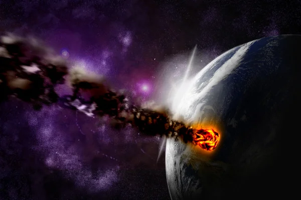 Атака астероида на планету во вселенной. Абстракция — стоковое фото