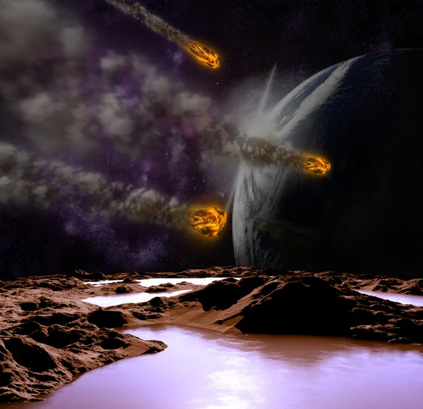 Atak asteroid na planety we wszechświecie. streszczenie i — Zdjęcie stockowe