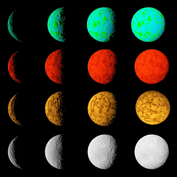 Fase de iluminação de diferentes planetas. Planetas no espaço escuro profundo . — Fotografia de Stock