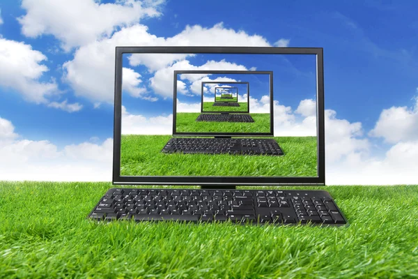 Yeşil çimenlerin üzerinde bilgisayar — Stok fotoğraf