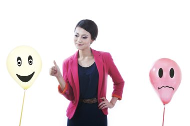 Businesswoman with happy and sad customers clipart