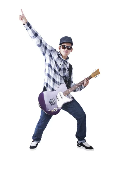 Cool asian guy plays with his guitar — Stock Photo, Image