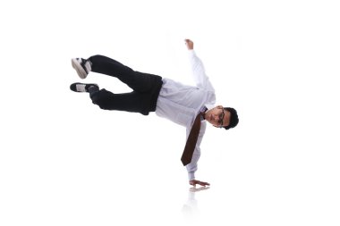 Asian man with acrobatic kick isolated on white clipart