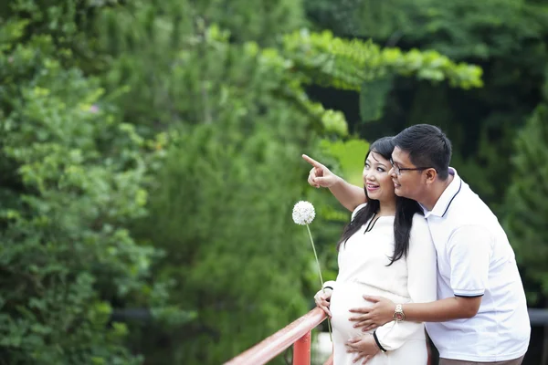 Счастливая беременная пара смотрит на природу — стоковое фото