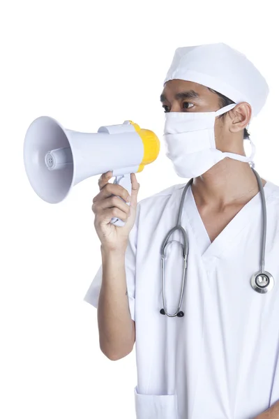 Lekarz krzyczy na megafon — Zdjęcie stockowe