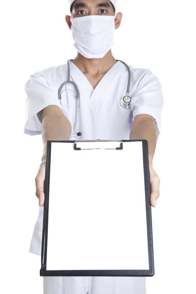 Doutor com espaço de cópia nota em branco — Fotografia de Stock