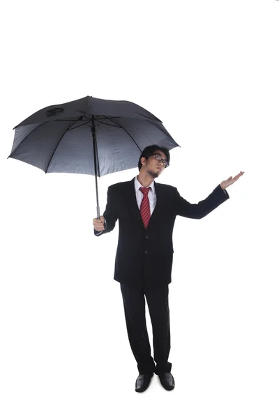 Empresario sosteniendo paraguas con la mano extendida —  Fotos de Stock