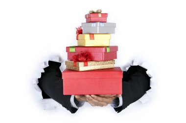 Businessman holding gift clipart