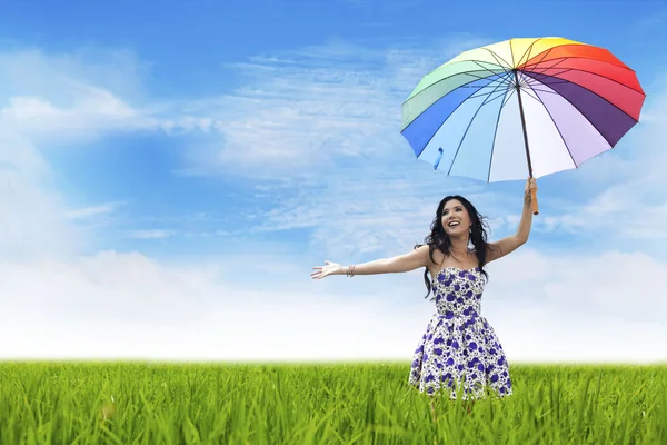 Asian woman having fun on a rice field — Stock Photo, Image