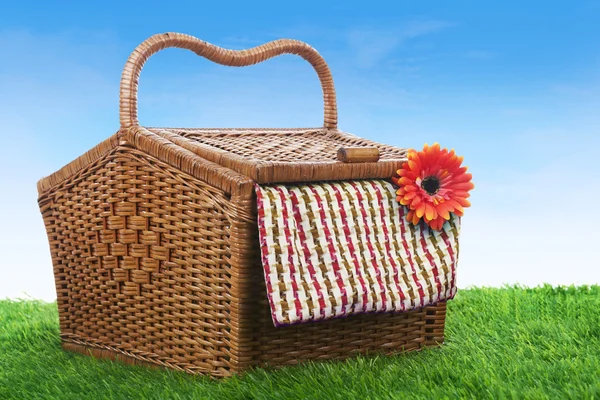 Picnic basket shot outdoor over green grass — Stock Photo, Image