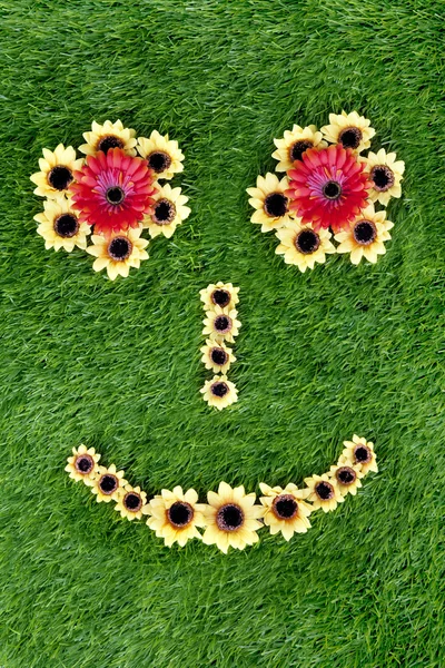 Face made of sunflowers on green grass — Stock Photo, Image