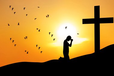 Christian background: man praying under the cross clipart