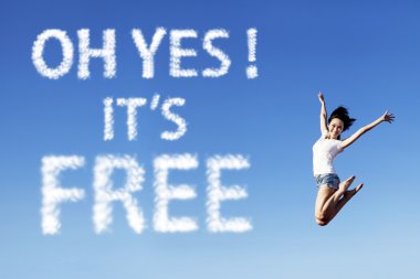 Excited asian woman jumping with a free sign clipart