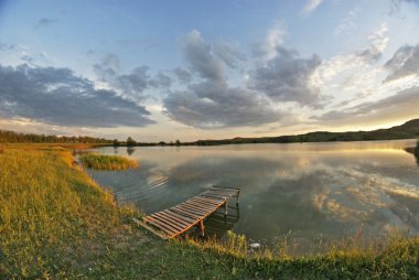 Lake, ahşap köprü, sunset