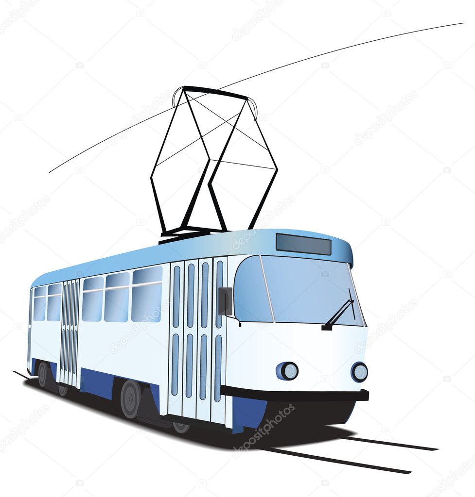 Classic Czech tramway in vector. Blue and white colors