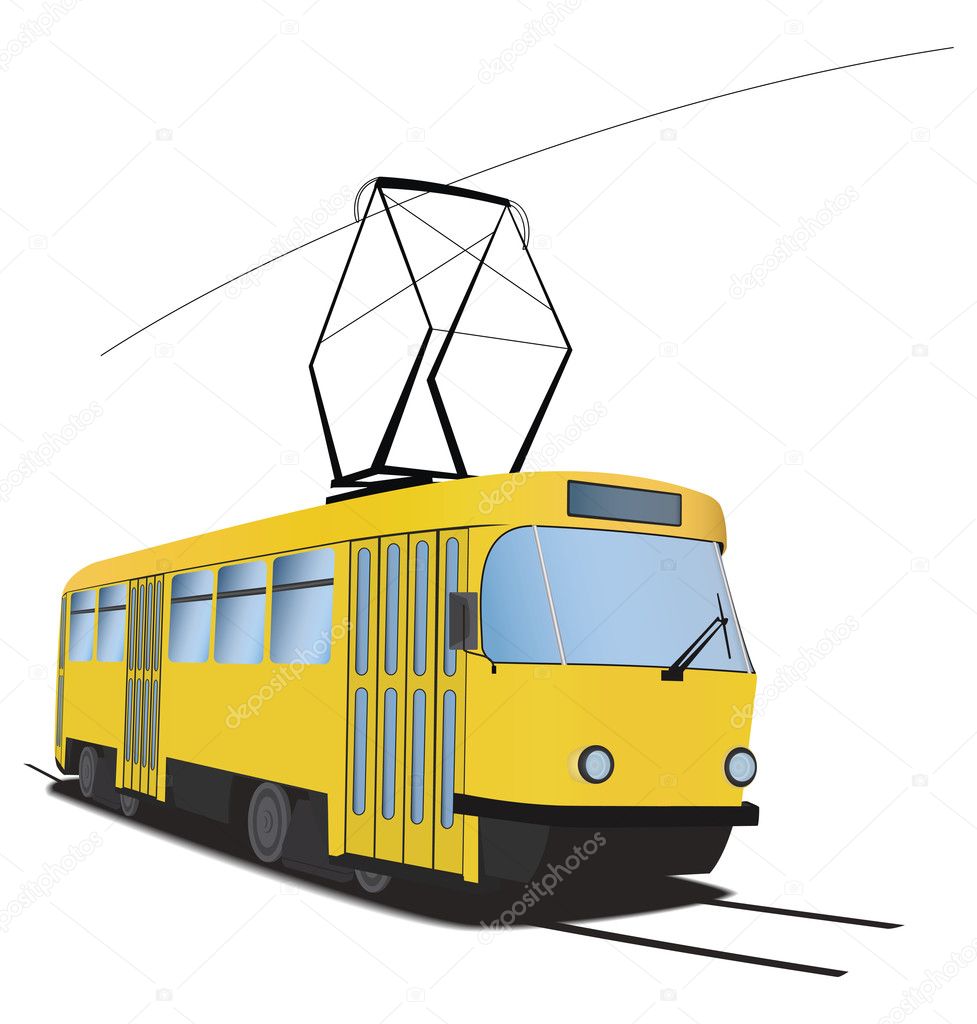 Classic Czech tramway in vector. Yellow and black colors