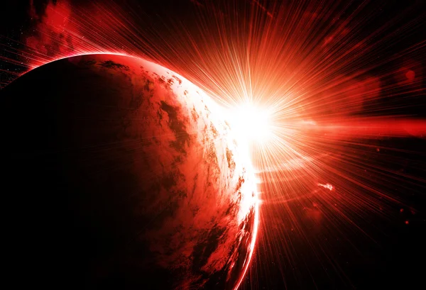 Red planet with a flash of sun — Stock Photo, Image