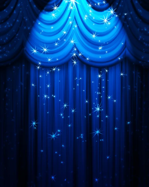 Θέατρο μπλε κουρτίνα με επίκεντρο και αστέρια — Φωτογραφία Αρχείου