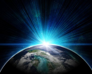 yükselen güneş uzayda mavi dünya