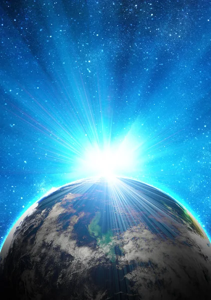 Blå jorden i rymden med stigande solen — Stockfoto