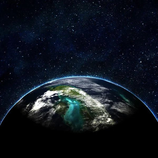 Μπλε γη στο διάστημα με την Ανατολή του ηλίου — Φωτογραφία Αρχείου