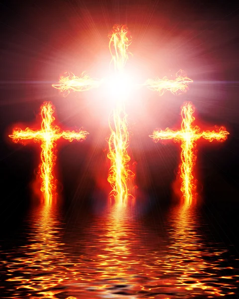 Kříž, hořící ohně — Stock fotografie