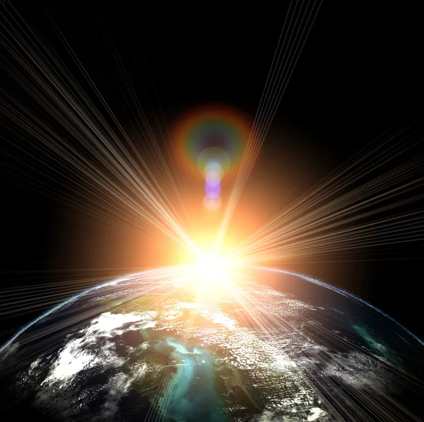 Terre bleue dans l'espace avec soleil levant — Photo