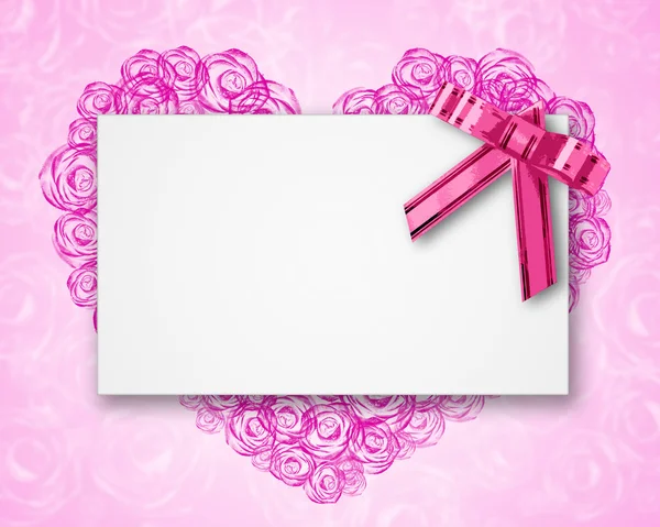 Blank postcard tied with a bow of pink ribbon — Stock Photo, Image