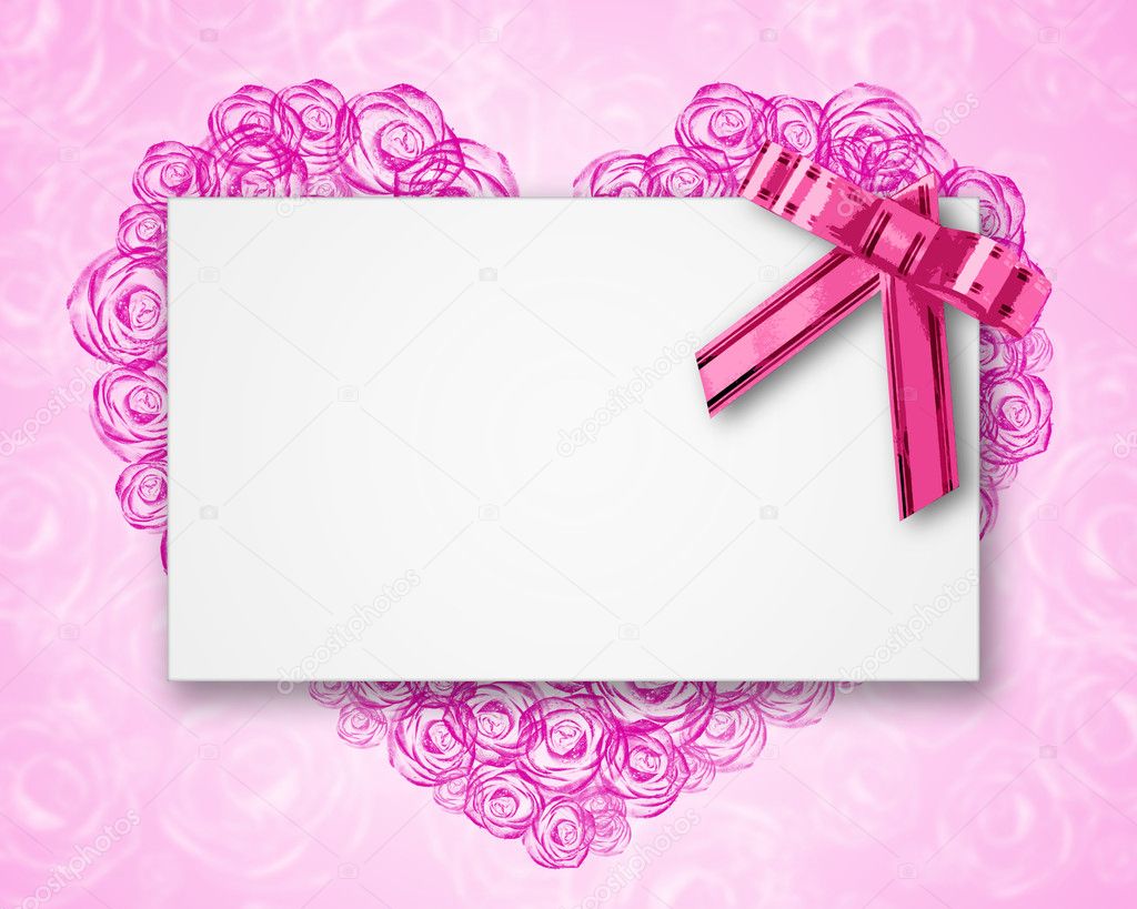 Blank postcard tied with a bow of pink ribbon
