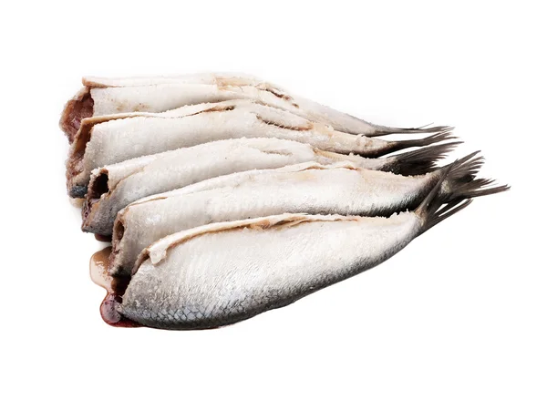 Fräsch liten skala fisk utan huvud på vit bakgrund — Stockfoto