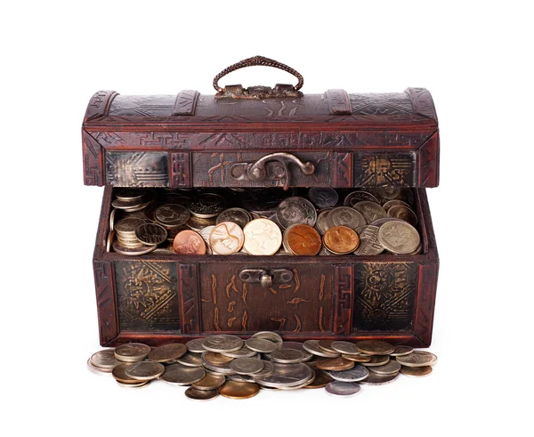 Wooden chest with coins inside isolated — Stock Photo, Image